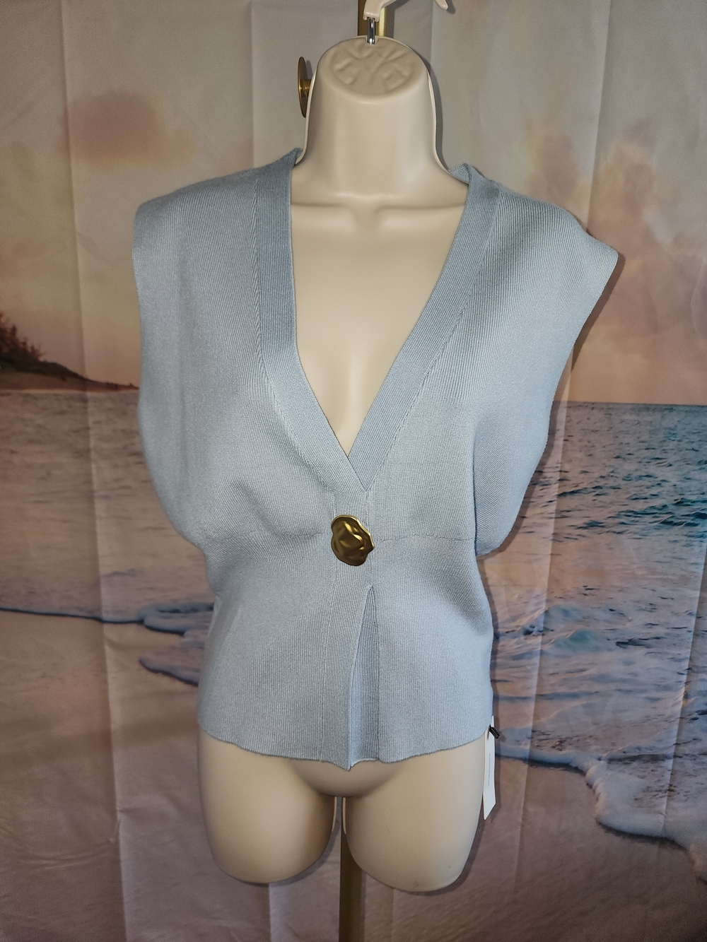 COMMENSE Sleeveless V-Neck Light Blue Knit Vest with Gold Button